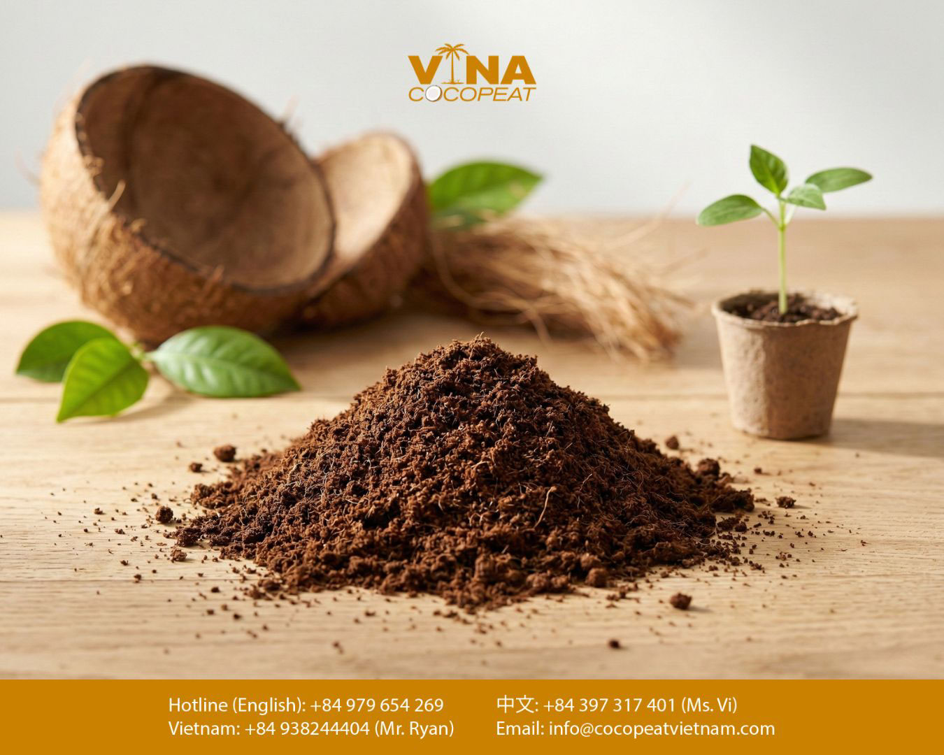 “Mùn dừa (coco peat) dạng tơi mịn từ vỏ dừa, đặt trên bàn gỗ kèm nửa quả dừa và cây con đang ươm trong chậu nhỏ