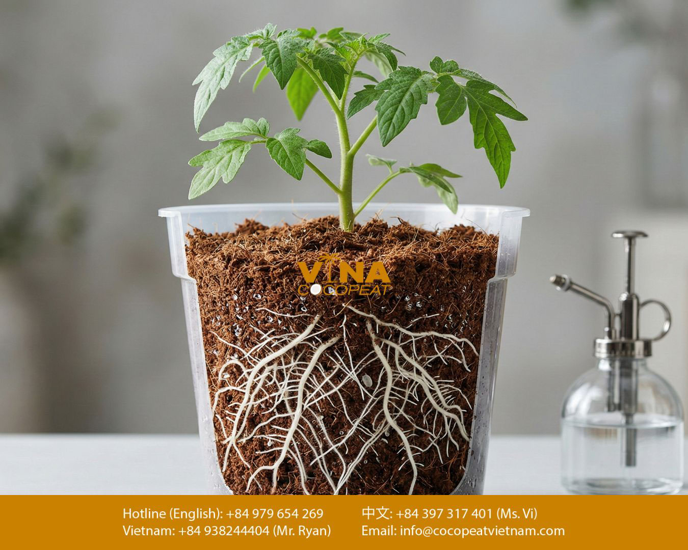 Cây con trồng trong mùn dừa với hệ rễ trắng phát triển mạnh, cho thấy giá thể thoáng khí và giữ ẩm tốt.