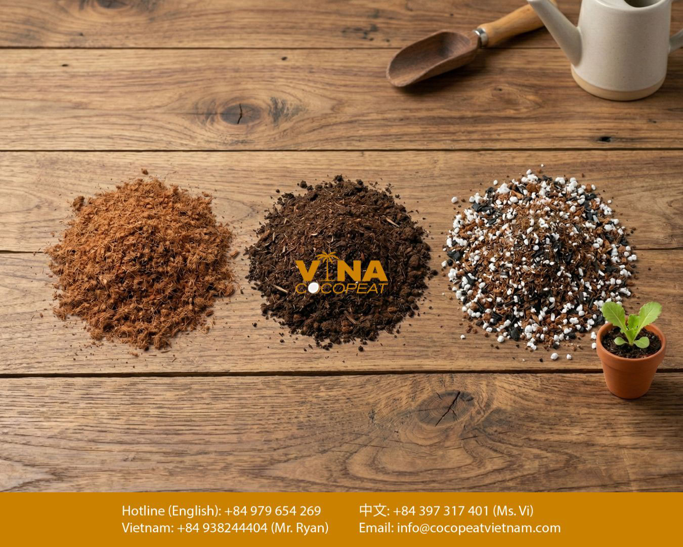 So sánh các loại giá thể từ dừa và hỗn hợp trồng cây: xơ dừa dạng sợi, mùn dừa màu nâu đậm và giá thể phối trộn có perlite, đặt trên bàn gỗ