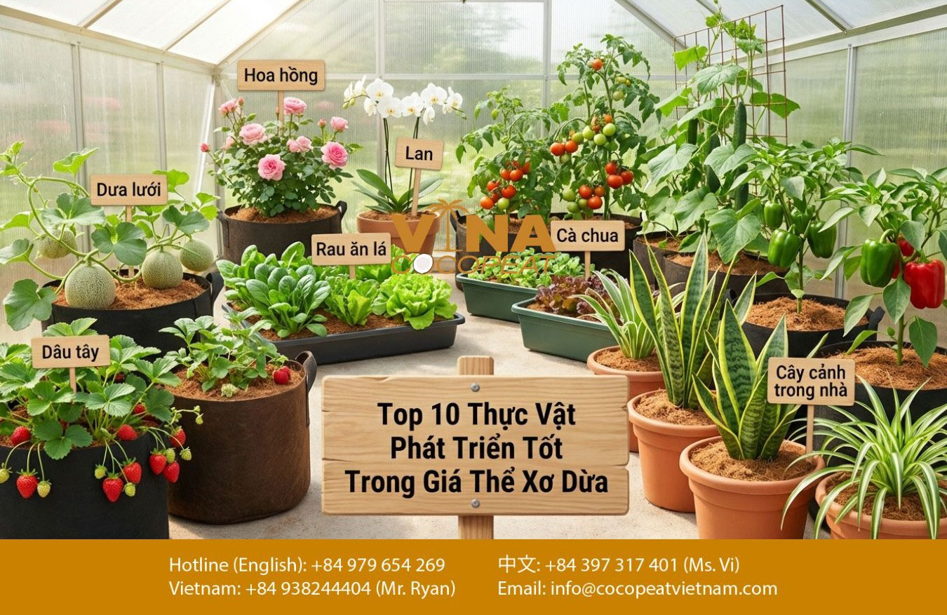 Hình ảnh các loại cây trồng như dâu tây, dưa lưới, rau ăn lá, hoa hồng, lan, cà chua và cây cảnh trong nhà phát triển tốt với mụn dừa trồng cây