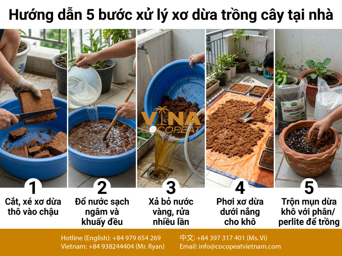 Quy trình xử lý xơ dừa tại nhà từ ngâm xả, phơi khô đến phối trộn giá thể trồng cây