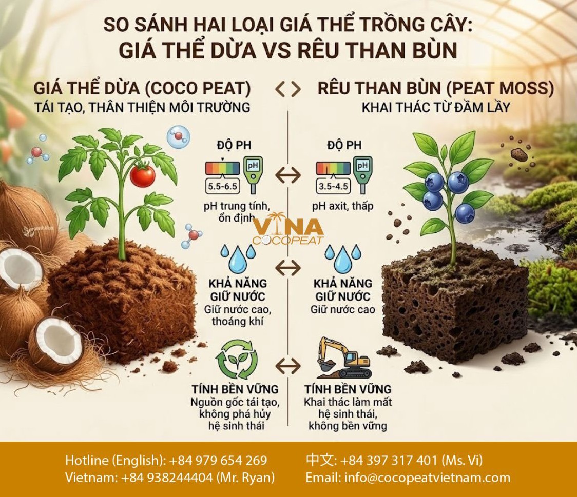 so sánh giá thể dừa coco peat và rêu than bùn peat moss trong trồng cây