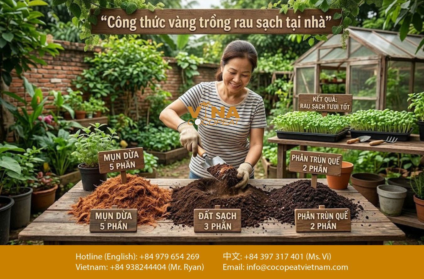 Công thức phối trộn giá thể trồng rau sạch tại nhà: mụn dừa 5 phần, đất sạch 3 phần, phân trùn quế 2 phần.