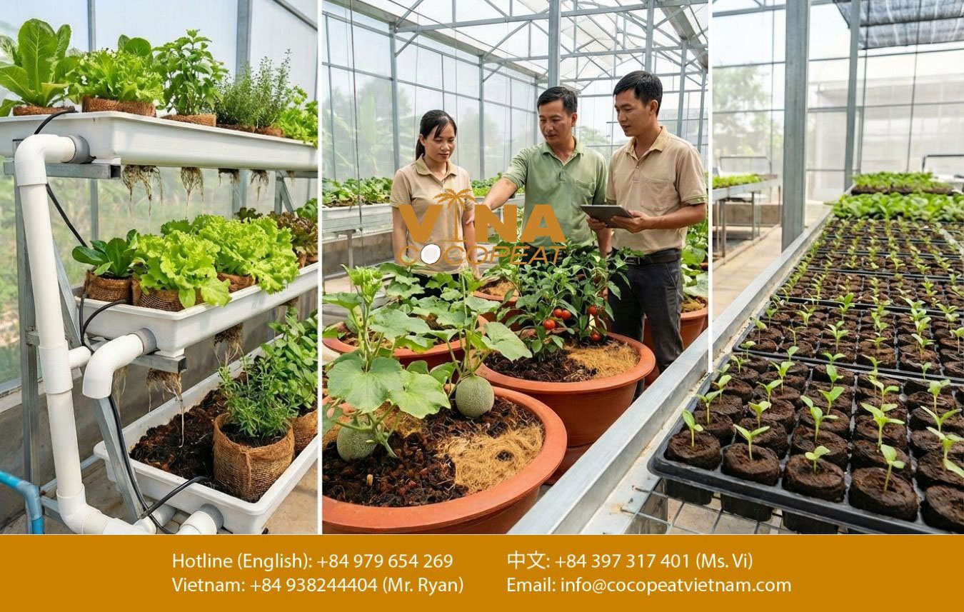 ứng dụng mụn dừa và xơ dừa trong mô hình canh tác nhà kính