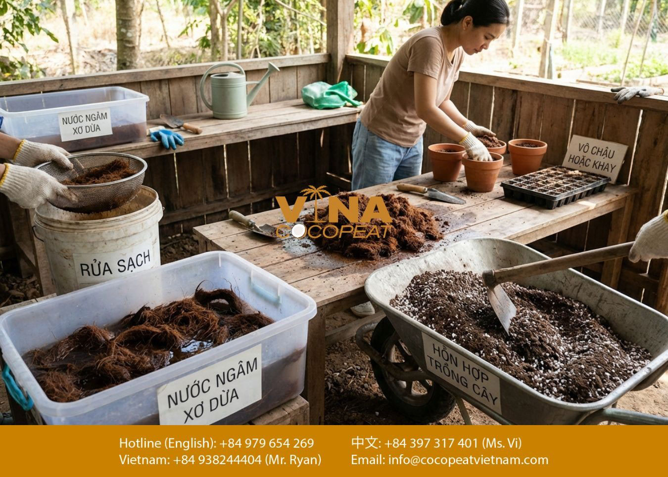 Phối trộn mụn dừa đã xử lý để cho vào chậu hoặc khay trồng cây