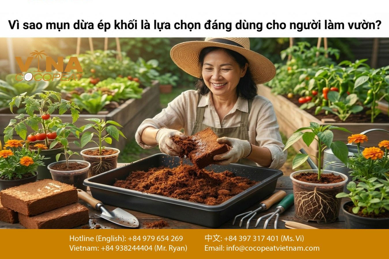 người làm vườn sử dụng mụn dừa ép khối làm giá thể trồng cây trong chậu