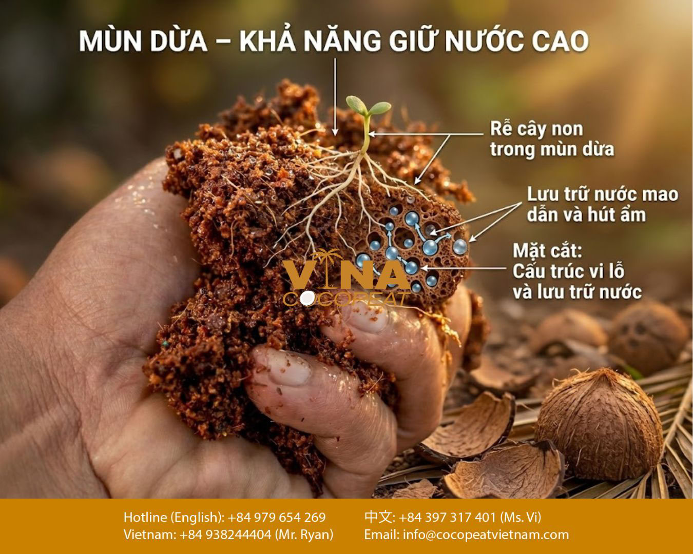 mụn dừa có khả năng giữ nước cao dùng làm giá thể trồng cây