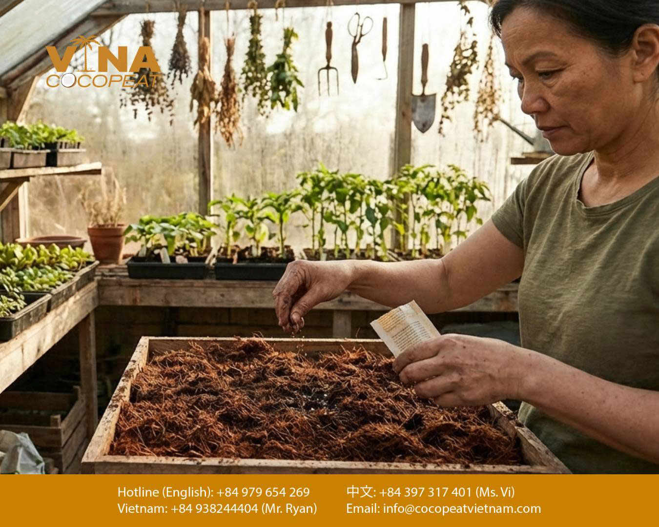 Phối trộn giá thể mụn dừa trong khay trồng rau trước khi gieo hạt