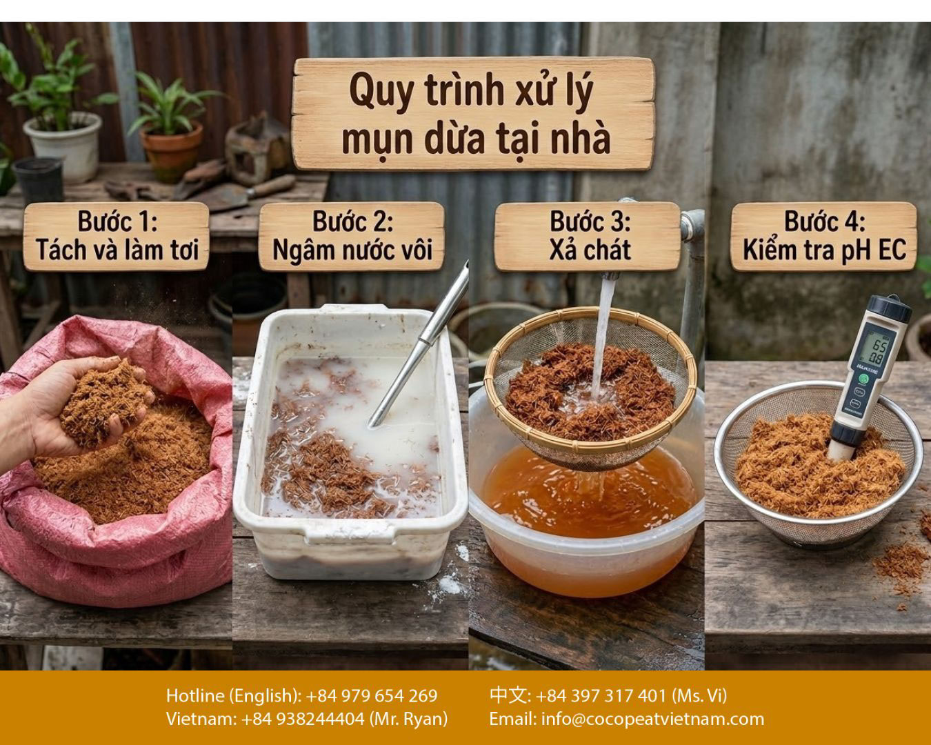 Đo pH và EC mụn dừa đã xử lý để đạt chuẩn giá thể coco peat trước khi phối trộn trồng cây.