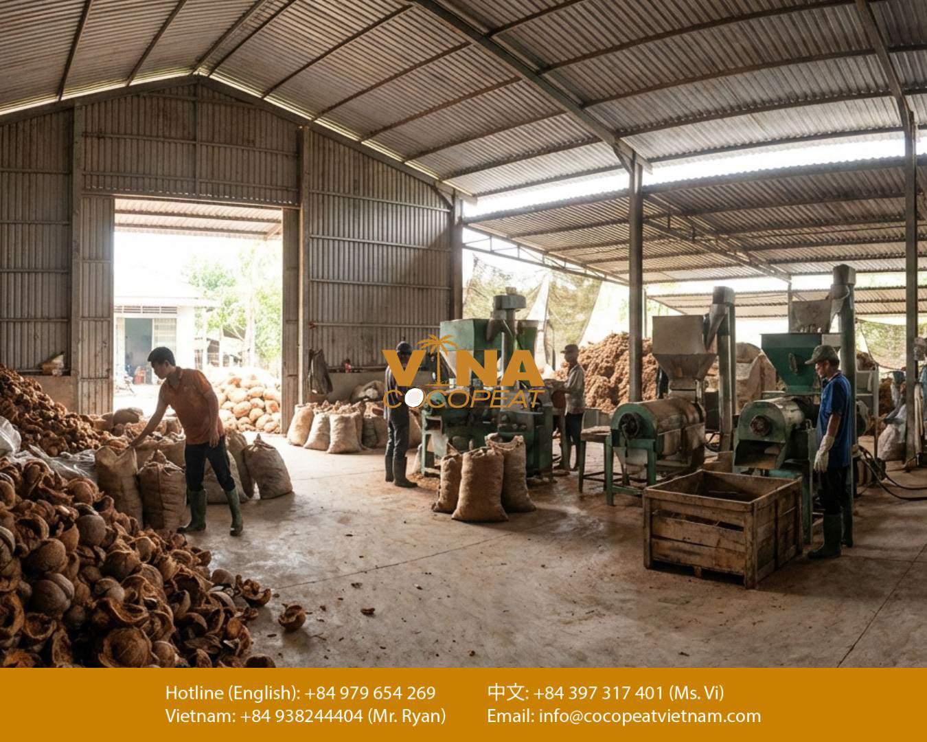 Nhà xưởng sản xuất viên nén xơ dừa với máy móc và nguyên liệu đầu vào