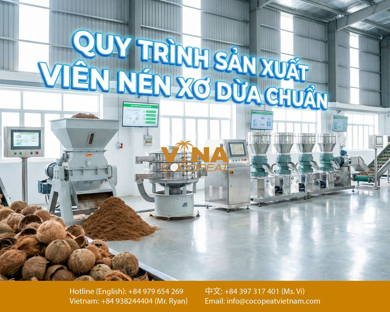 Quy trình sản xuất viên nén xơ dừa đạt chuẩn với dây chuyền máy móc hiện đại