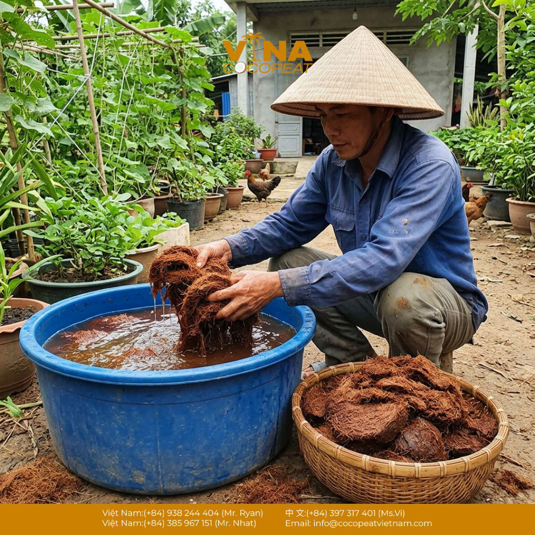 Ngâm xả xơ dừa trong thùng nước để loại bớt chất chát trước khi làm giá thể trồng cây