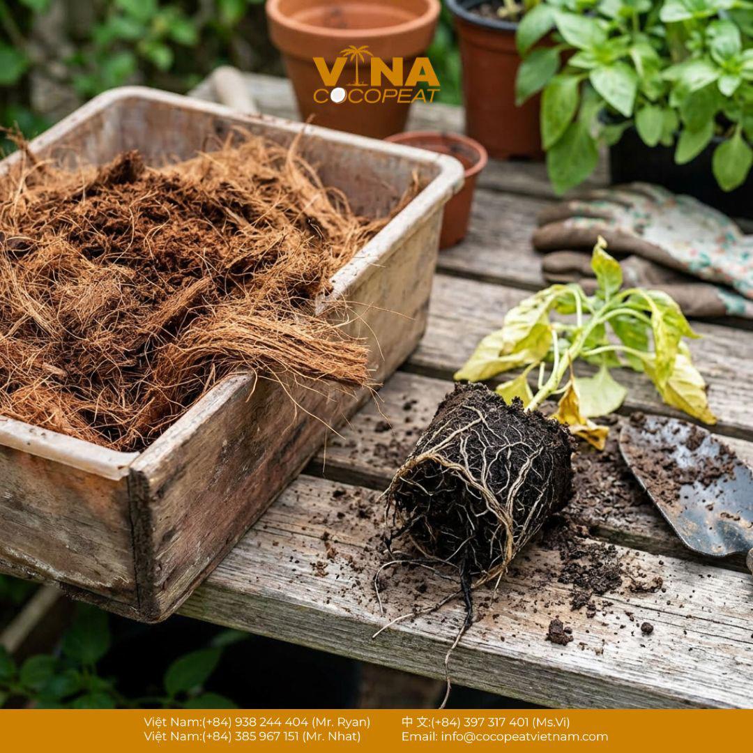 Cận cảnh xơ dừa thô bên cạnh bầu rễ và cây héo trên bàn làm vườn, minh họa việc cần xử lý xơ dừa đúng cách trước khi trồng