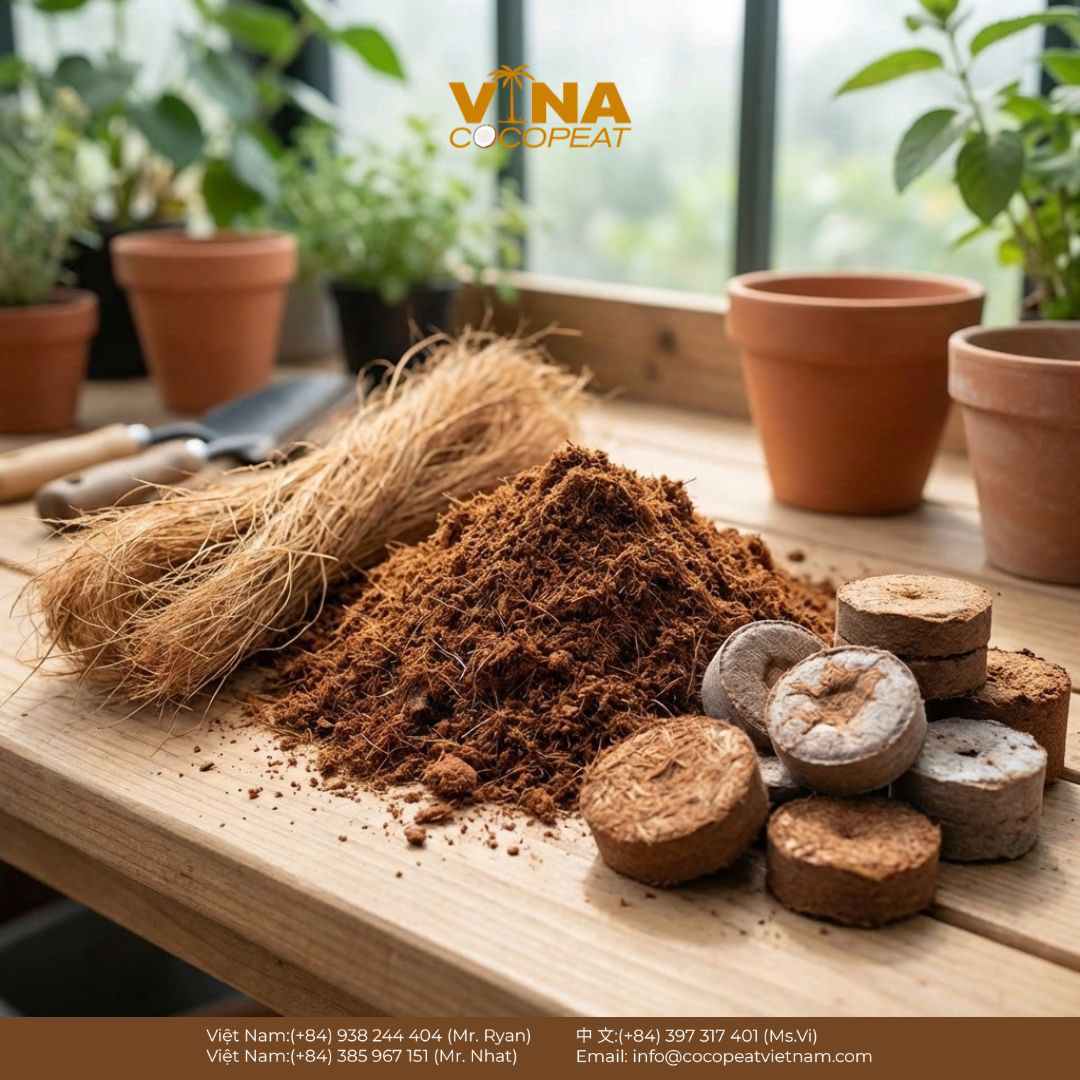 Các loại xơ dừa trồng cây gồm chỉ xơ dừa, mụn dừa và viên nén xơ dừa