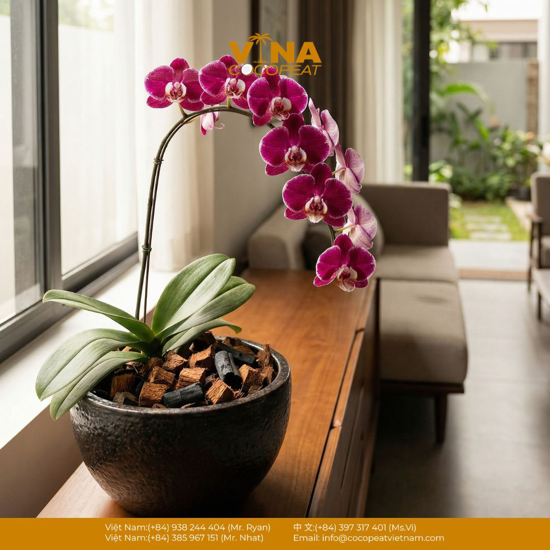 Chậu lan hồ điệp tím đặt gần cửa sổ trong nhà, trang trí nội thất và chăm sóc bằng ánh sáng gián tiếp