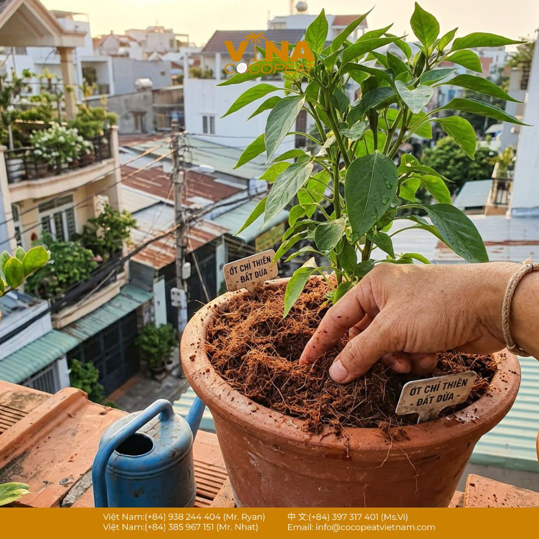 Cây ớt trồng trong chậu với giá thể xơ dừa trên sân thượng
