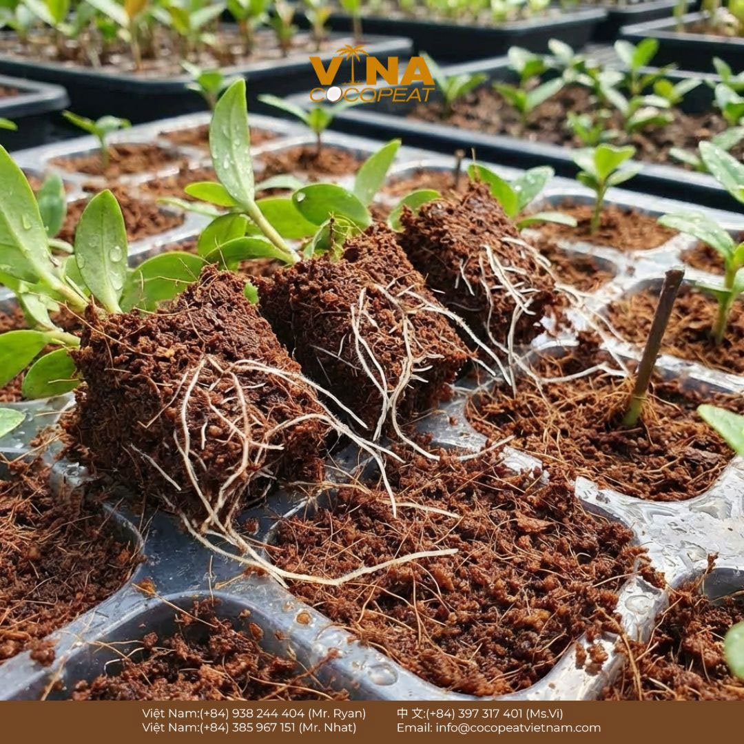 Cây giống phát triển bộ rễ khỏe trong giá thể xơ dừa đã xử lý
