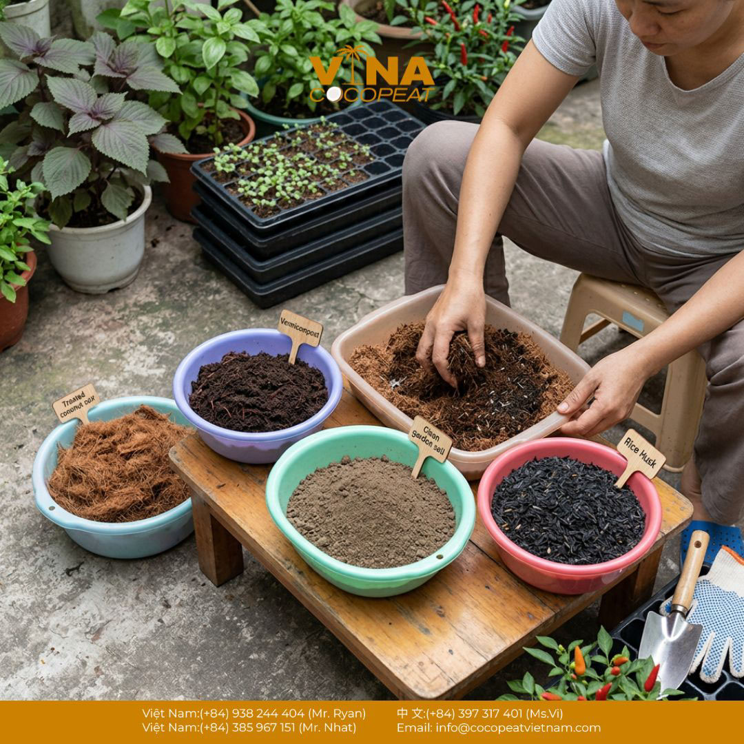 Người trồng đang phối trộn mụn dừa với các thành phần giá thể khác để chuẩn bị trồng rau mầm