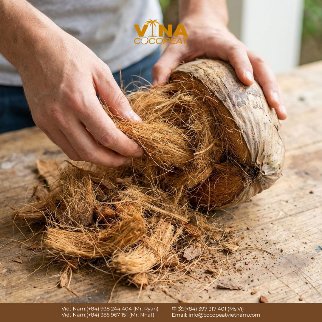 Xơ dừa được tách từ vỏ quả dừa dùng làm giá thể trồng cây