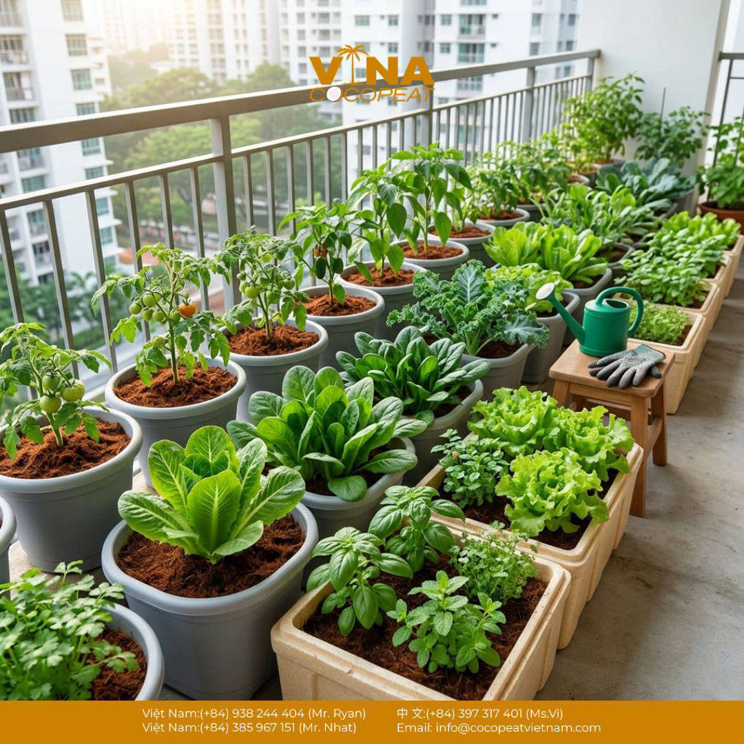 Rau trồng ban công trong chậu với giá thể xơ dừa cho không gian đô thị