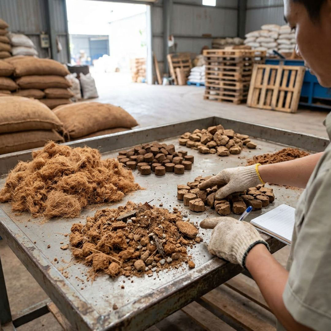 Nhân viên kiểm tra nguyên liệu và viên nén xơ dừa trong xưởng sản xuất Vinacocopeat