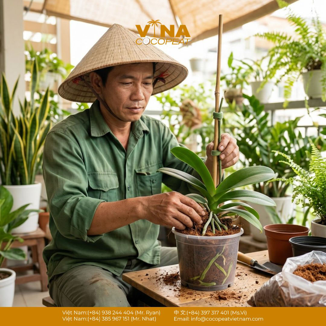 Người trồng đang cố định lan hồ điệp trong chậu với giá thể xơ dừa khi thực hiện các bước trồng cây