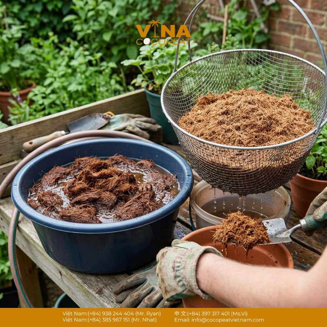 Xử lý xơ dừa bằng cách ngâm xả và làm ráo trước khi trồng cây