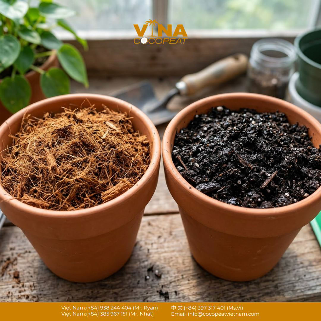 So sánh xơ dừa và đất trồng trong hai chậu đặt cạnh nhau