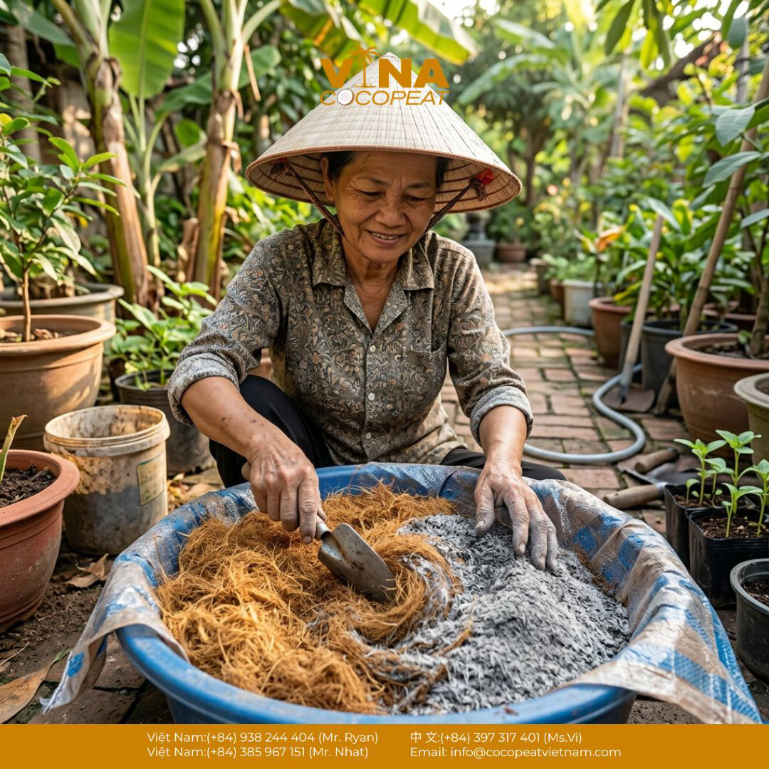 Trộn đều xơ dừa và tro trấu để tạo giá thể tơi xốp phù hợp cho cây trồng