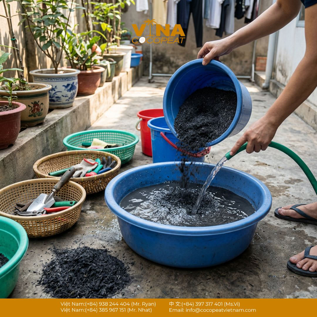 Rửa tro trấu bằng nước sạch để giảm bụi bẩn và ổn định giá thể trước khi trộn