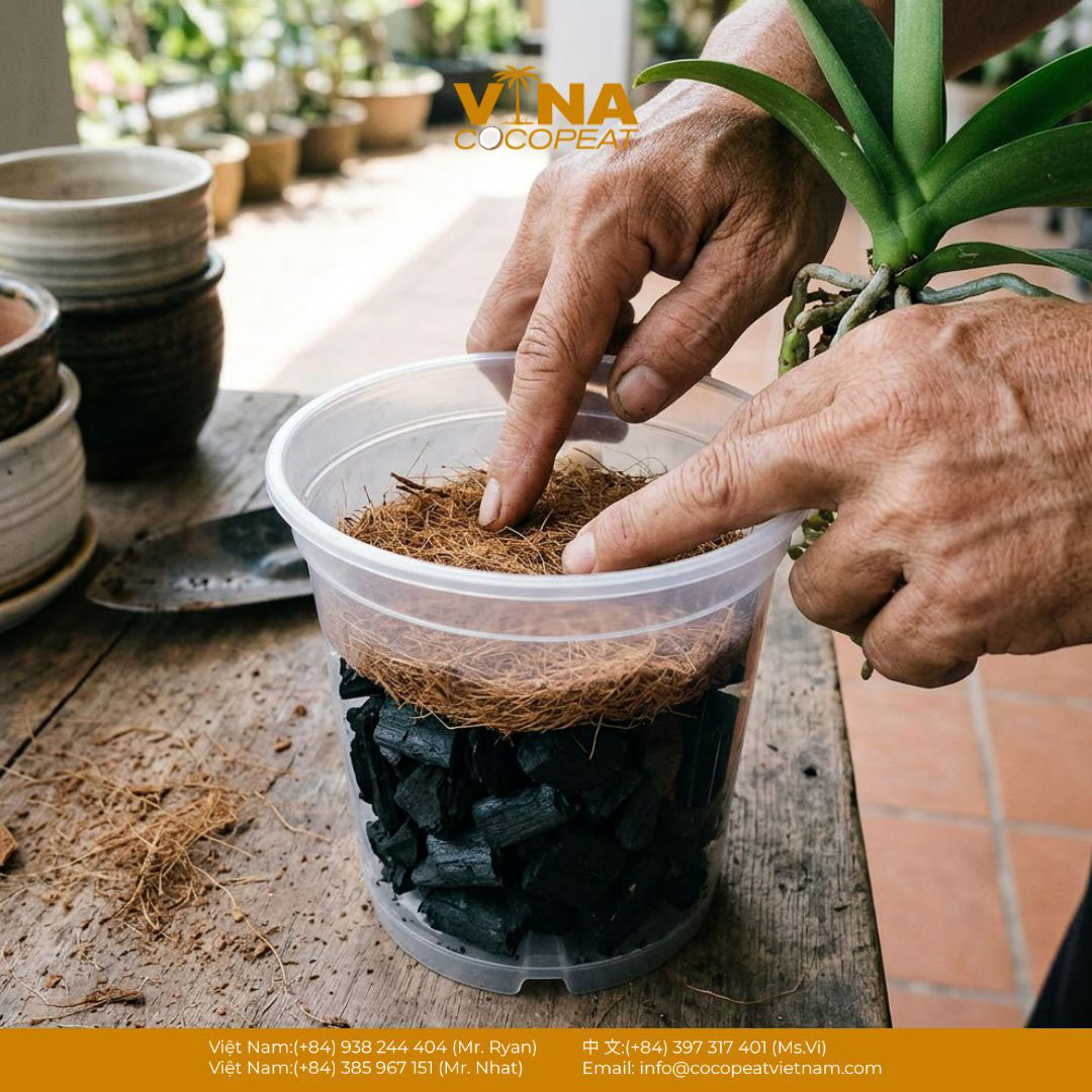 Cận cảnh chậu trồng lan hồ điệp với lớp than củi bên dưới và xơ dừa bên trên trước khi đặt cây
