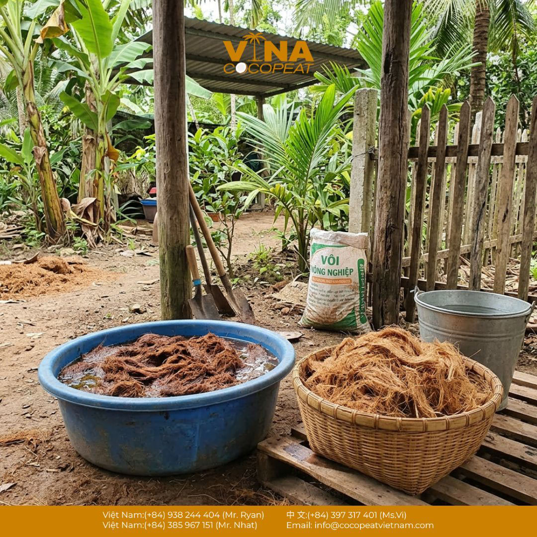 Xơ dừa được ngâm nước và xử lý với vôi nông nghiệp trước khi dùng làm giá thể trồng lan hồ điệp