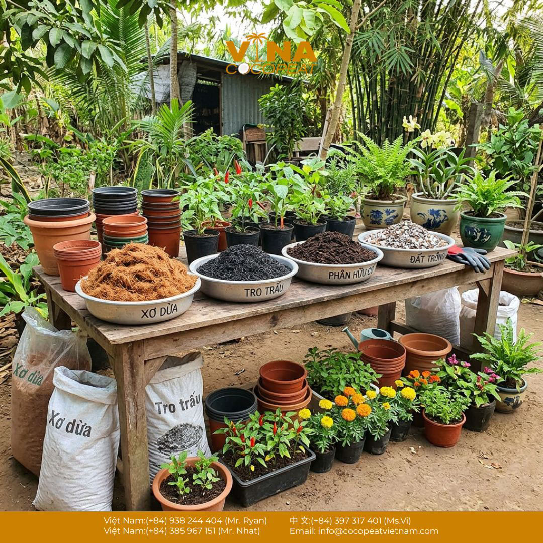 Các thành phần làm giá thể gồm xơ dừa, tro trấu, phân hữu cơ và đất trồng được chuẩn bị để phối trộn cho cây chậu