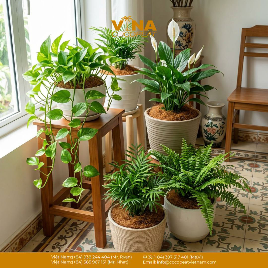 Cây cảnh trong nhà trồng trong chậu với lớp xơ dừa giữ ẩm trên bề mặt