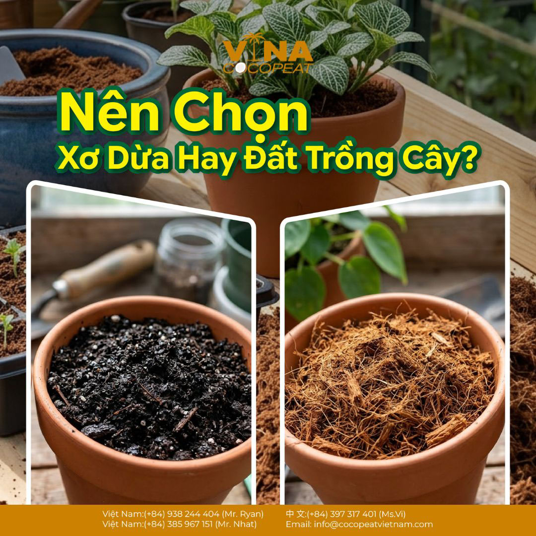 Ảnh minh họa so sánh xơ dừa và đất trồng cho cây trong chậu