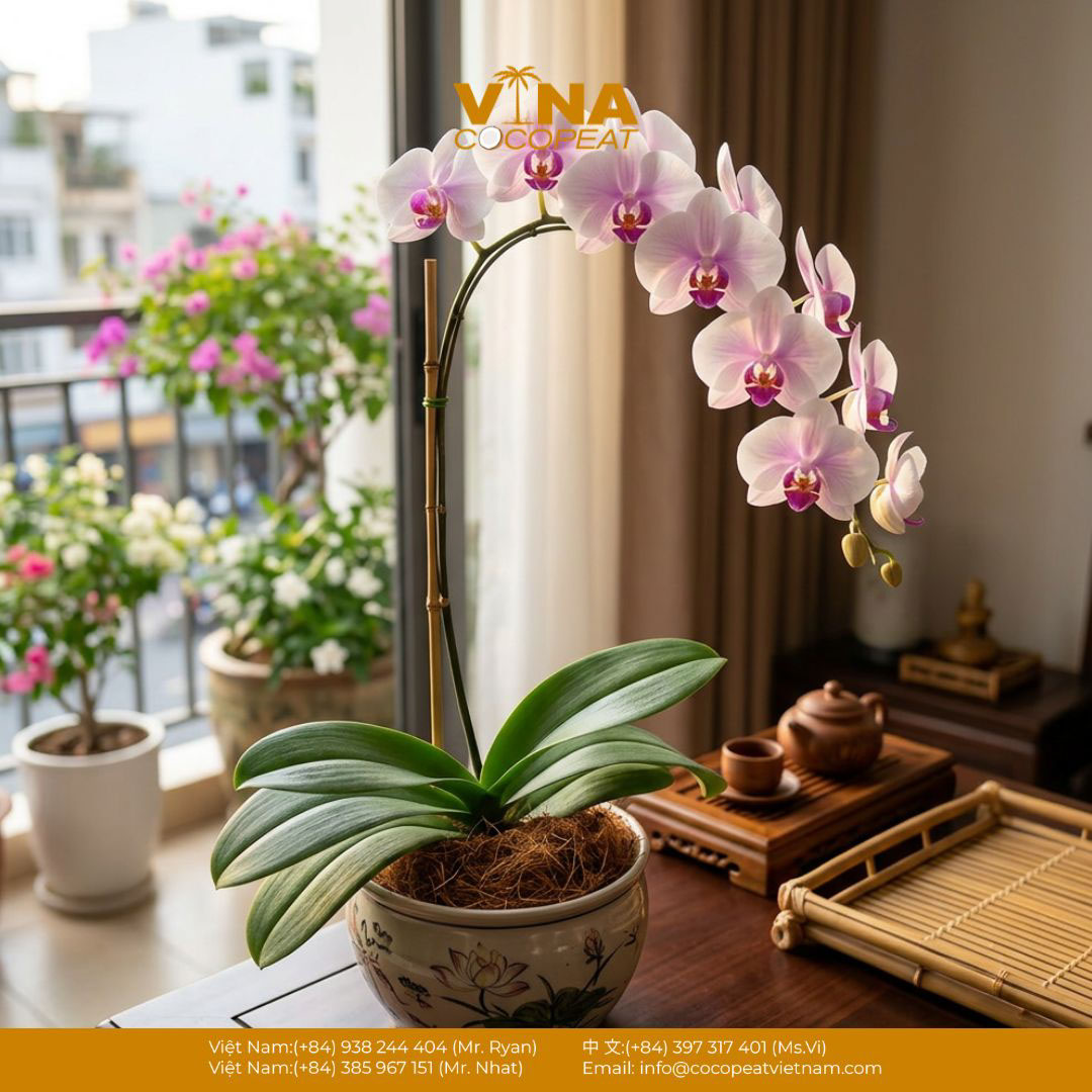 Chậu lan hồ điệp trắng hồng trồng bằng xơ dừa nở đẹp trong không gian phòng khách gần cửa sổ
