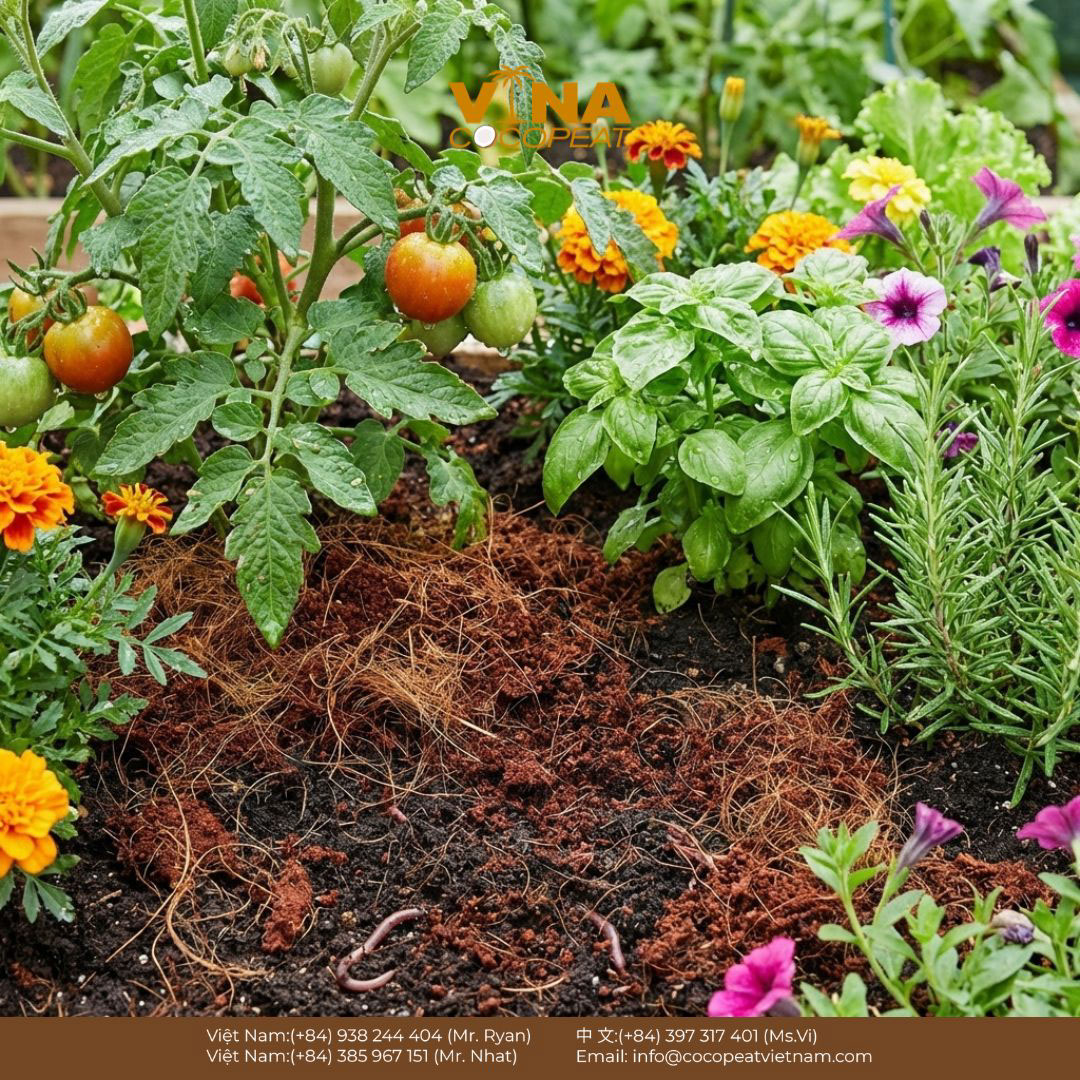 Xơ dừa giúp cải tạo đất, giữ ẩm và hỗ trợ cây trồng phát triển tốt