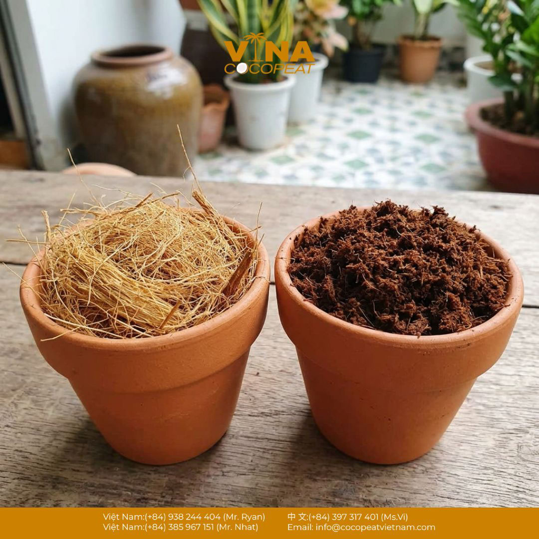 So sánh xơ dừa thô và mụn dừa đã xử lý để nhận biết giá thể trồng rau mầm đạt chuẩn
