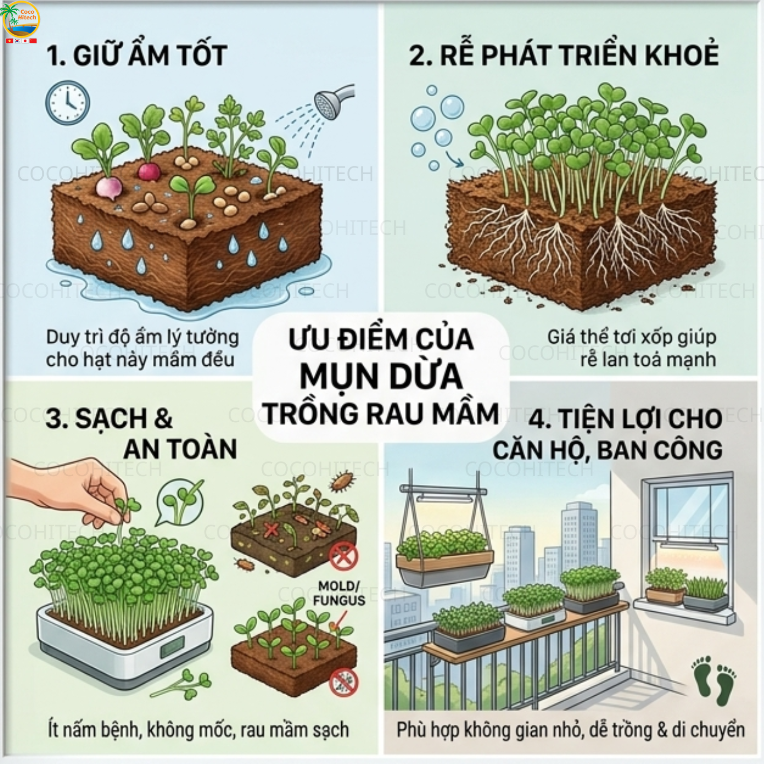 Ưu điểm của mụn dừa khi trồng rau mầm