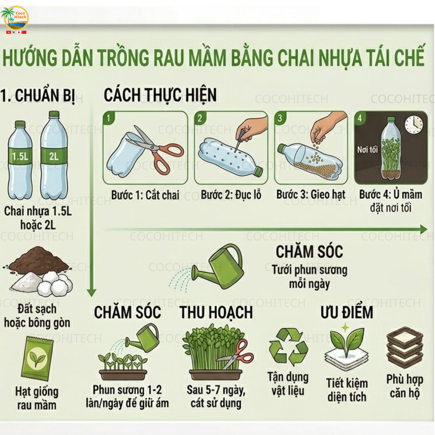 Cách trồng rau mầm bằng chai nhựa tái chế