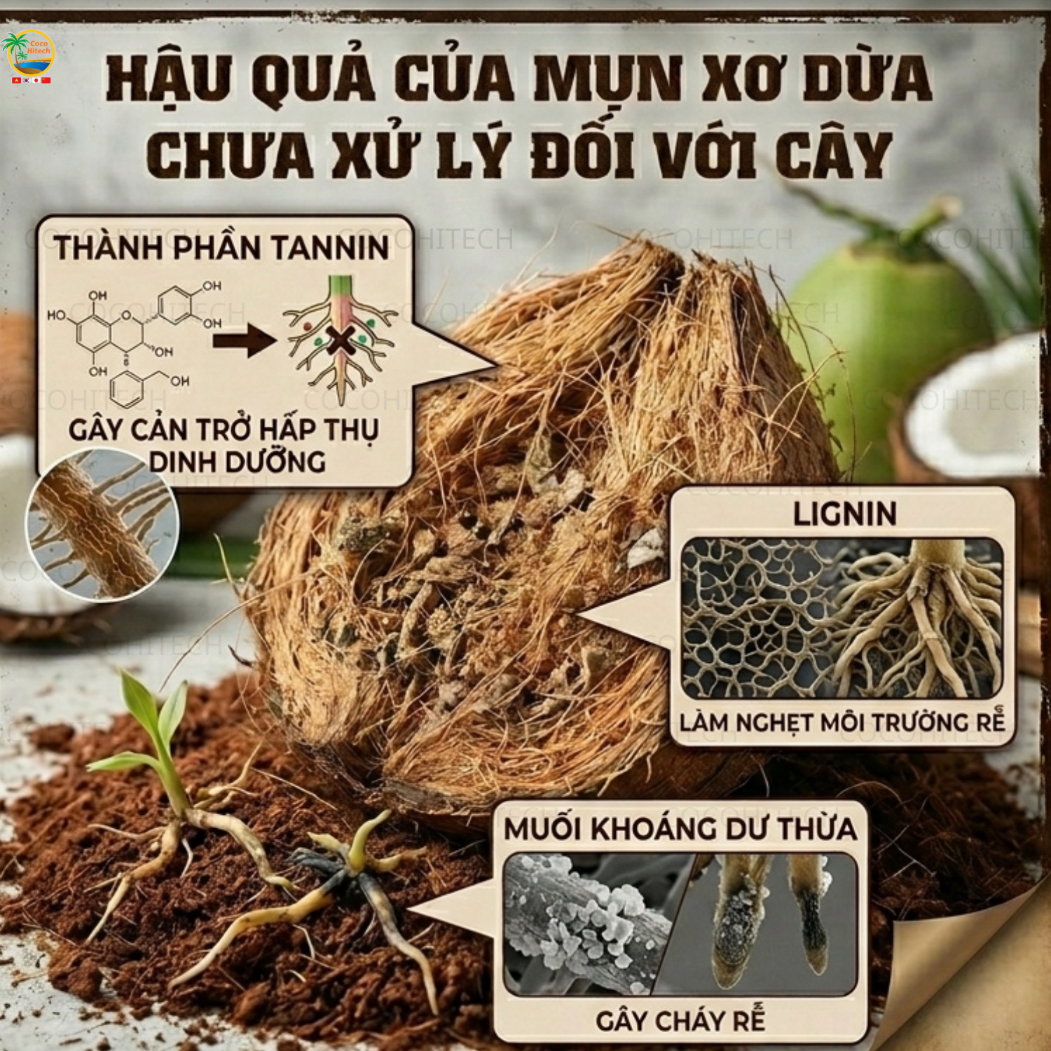 Vì sao cần xử lý mụn xơ dừa trước khi trồng cây?