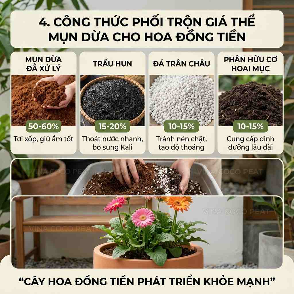 Công thức phối trộn giá thể mụn dừa tối ưu cho hoa Đồng Tiền trong chậu