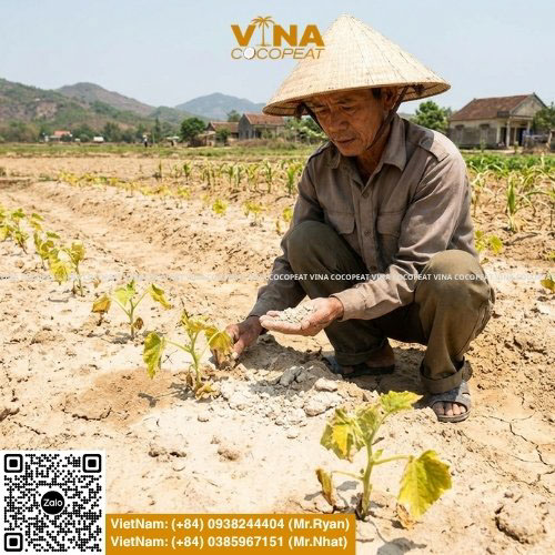 Nông dân kiểm tra đất pha cát khô bạc màu khiến cây trồng vàng lá và kém phát triển
