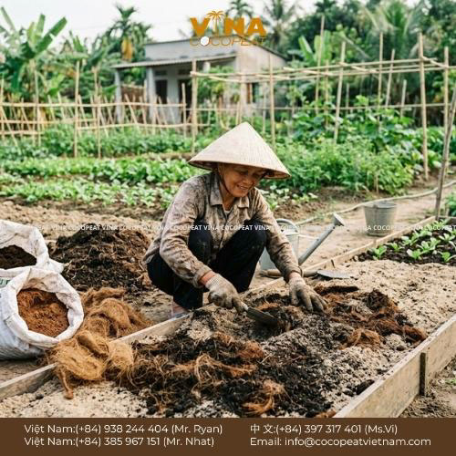 Cải tạo đất cát bằng mụn dừa và xơ dừa giúp giữ ẩm cho cây trồng