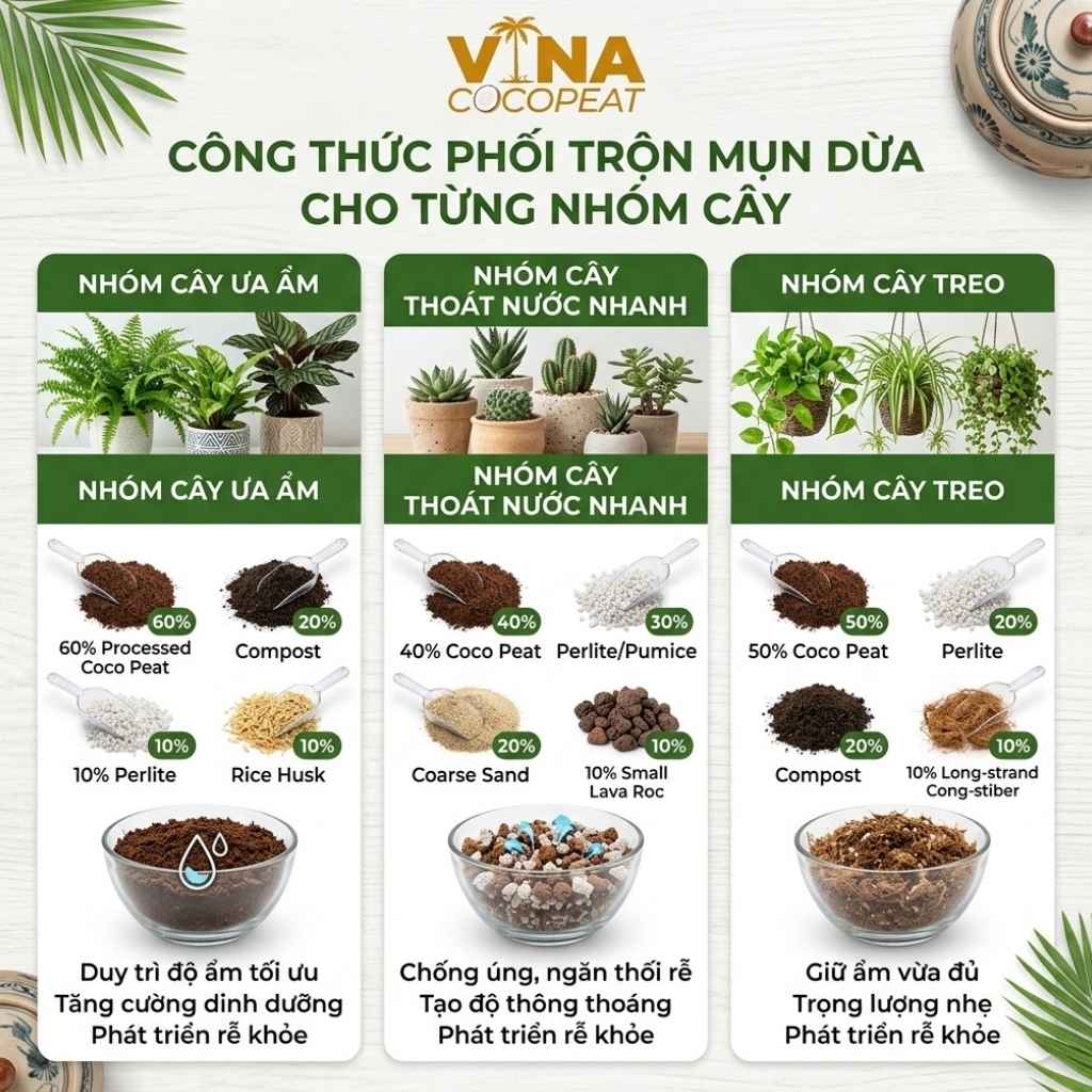 Công thức phối trộn mụn dừa cho từng nhóm cây