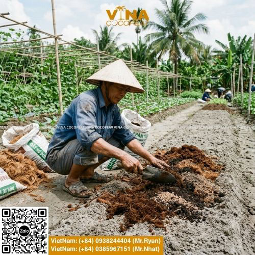 Nông dân cải tạo đất cát bằng vật liệu hữu cơ và xơ dừa để trồng cây hiệu quả