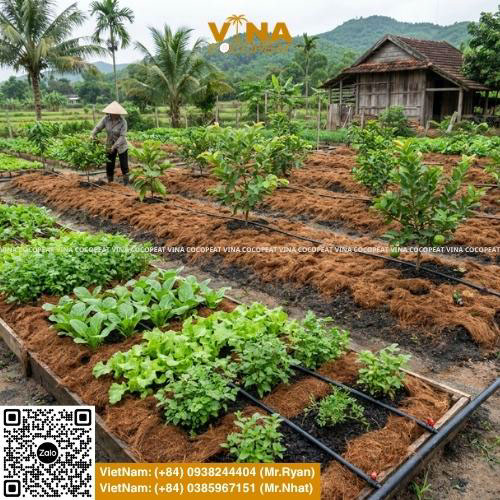 Luống rau trên đất pha cát được che phủ bằng xơ dừa giúp giữ ẩm và hạn chế cỏ dại