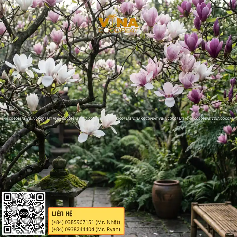 Cây hoa mộc lan nở hoa hồng trắng trong sân vườn tạo điểm nhấn cảnh quan đẹp