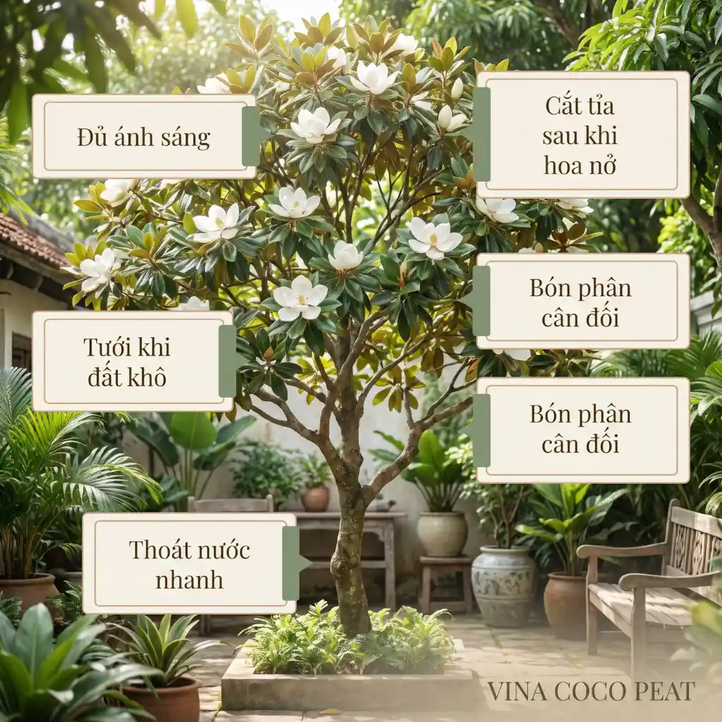 Công thức giá thể trồng hoa mộc lan gồm mụn dừa đất phù sa phân hữu cơ và perlite