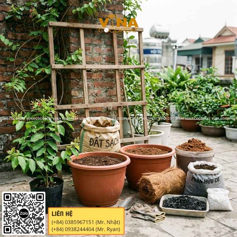Chuẩn bị giàn, chậu và giá thể trồng hoa leo